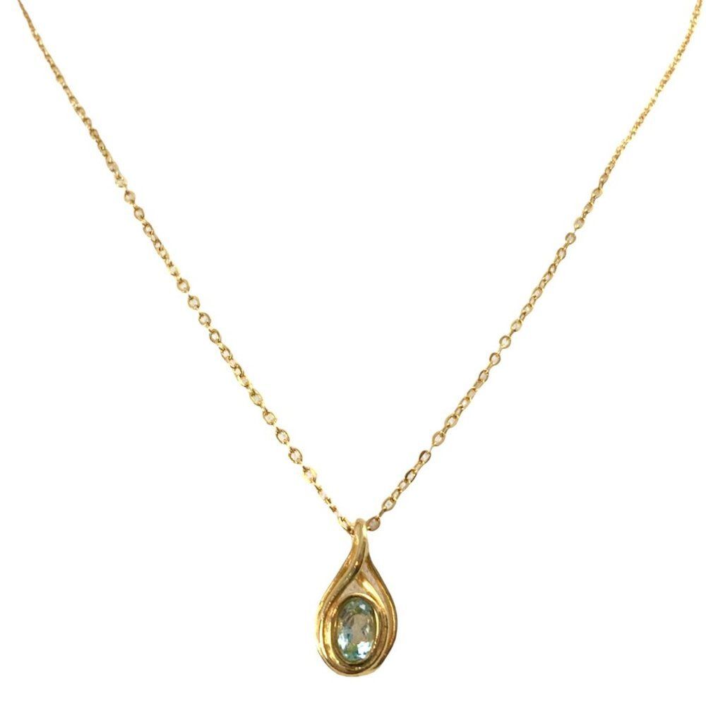 Faux Aquamarine Pendant Necklace Gold Plated 18 in Trace Chain March Birthstone